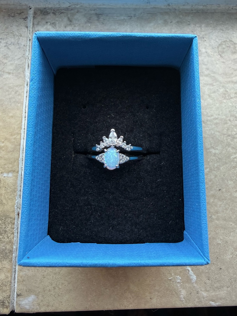 Fine Silver Plated White Opal & Graduated Marquise Cubic Zirconia Ring Duo Set